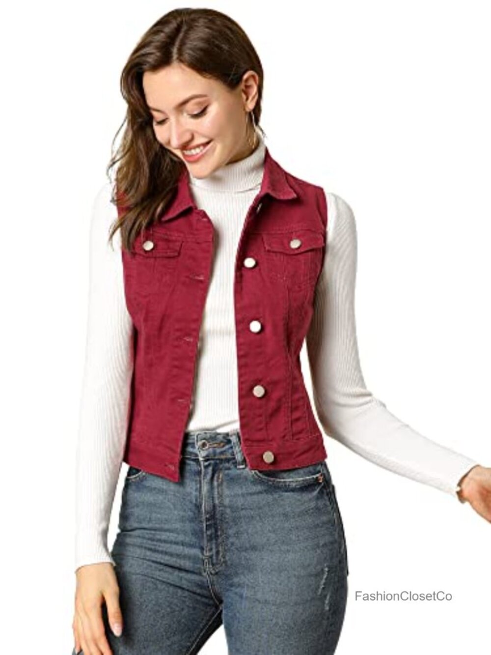 Washed Denim Vest Sleeveless Button Down Jean Jacket Turn Down Collar